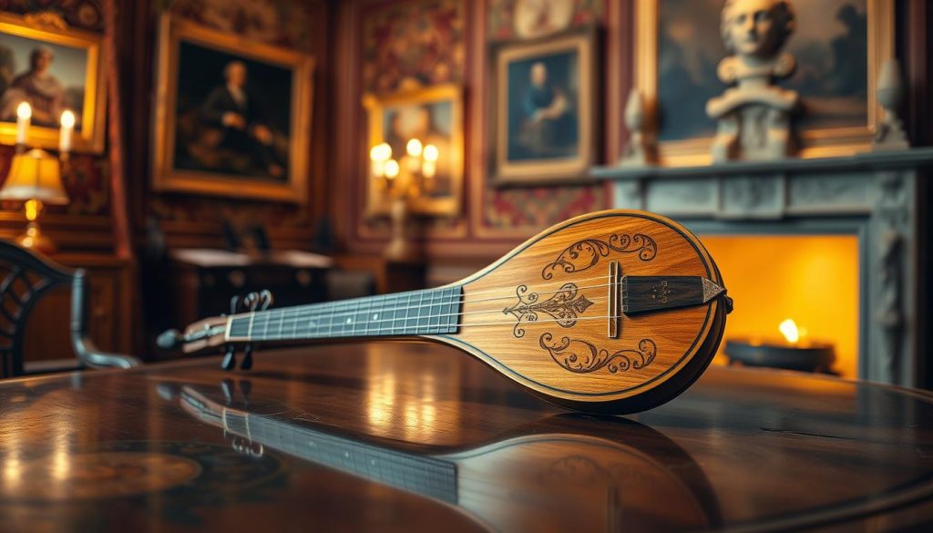 A beautifully crafted Baroque lute, showcasing intricate woodwork and elegant curves, sits gracefully on a polished, antique table. The lute's body features ornate floral inlays and a rich, warm wood finish, reflecting the luxurious craftsmanship of the era. Soft, warm lighting accentuates the instrument's details, creating gentle shadows that enhance its three-dimensional appearance. In the background, a blurred view of a classical music room, adorned with rich tapestries and framed art, sets an elegant ambiance. A faint glow from a nearby fireplace adds to the inviting atmosphere. The scene evokes a sense of history and artistry, highlighting the value and uniqueness of a fine Baroque lute.