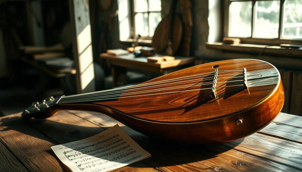 A beautifully crafted théorbe instrument resting on a rustic wooden table, illuminated by soft natural light streaming in through a nearby window. The instrument features an intricately carved bridge and elegant, flowing lines, showcasing its double neck and rich wooden texture. In the foreground, a delicate sheet of music lies partially unfurled, hinting at its musical heritage. In the middle background, a vintage luthier's workshop is visible, filled with tools and wooden pieces scattered about, enhancing the artisanal atmosphere. Shadows play gently across the scene, creating a warm and inviting ambiance that reflects the craftsmanship and history of specialized lutes. The overall mood is serene and evokes a sense of timeless artistry and dedication to traditional music-making.
