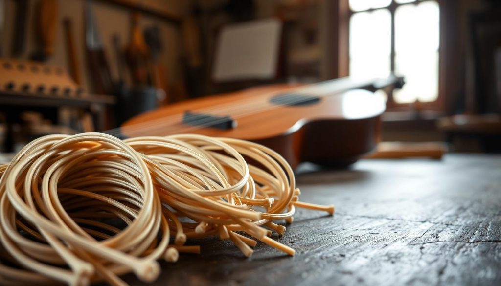 A beautifully arranged display of gut strings for lute, presented in the foreground. The strings are coiled and showcased on a dark, textured wooden surface that adds warmth. In the middle ground, an elegant lute lies partially visible, its body crafted from rich mahogany, reflecting soft light that highlights the intricate details of its design. In the background, subtle hints of a workshop environment with blurred tools and a natural daylight pouring through a window create a serene atmosphere. The lighting is soft yet focused, emphasizing the natural sheen of the gut strings, while a shallow depth of field draws attention to the strings. This composition conveys a sense of craftsmanship, tradition, and the rich history associated with choosing the right lute strings.