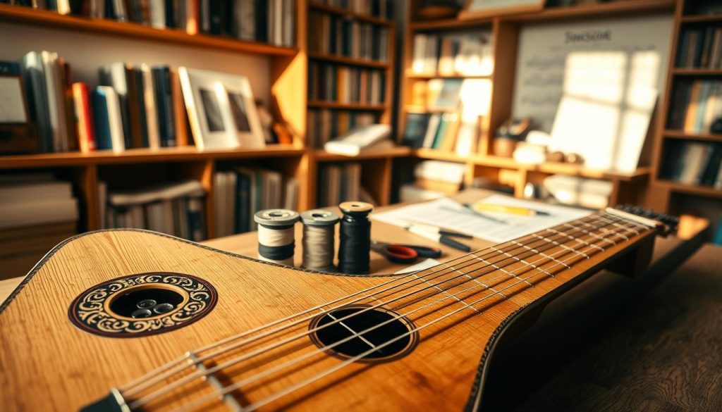 A beautifully arranged lute in the foreground, showcasing its intricate craftsmanship with a focus on the finely tapered neck and ornate rosette. Next to the lute, spools of nylon, gut, and various tension strings are neatly displayed, highlighting their texture and material differences. The middle ground features a softly lit workspace with a wooden table, tools for string changing, and sheet music, creating an atmosphere of creativity and practice. In the background, a soft-focus, warm-toned setting reveals shelves lined with musical books and other string instruments, suggesting a musician’s haven. The lighting is warm and inviting, reminiscent of late afternoon sun casting gentle shadows, enhancing the overall mood of dedication and artistry in music.