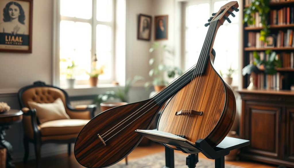 A beautifully crafted lute displayed prominently in the foreground, showcasing intricate woodwork and elegant curves. The lute is positioned on a classic music stand, with sheet music gently placed beside it, emphasizing the importance of posture and angle for playing. In the middle ground, a warm and inviting room filled with soft, natural light filtering through a window, highlighting the rich textures of the surrounding furniture, such as a vintage chair and bookshelf lined with musical literature. In the background, subtle hints of plants can be seen, creating a serene atmosphere. The visual mood should be calm and focused, encouraging musicians to choose their instrument wisely, fostering a sense of natural comfort and harmony. Use a soft focus lens effect to convey depth and warmth, ensuring the lute appears as the centerpiece of the image.