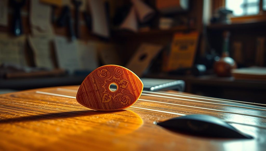 A close-up, beautifully detailed plectre rests delicately on a richly textured wooden lute. The foreground features the plectre, showcasing its elegant curves and the intricate design reminiscent of traditional risha, with a warm golden highlight illuminating its surface. In the middle ground, the lute’s body is slightly out of focus, revealing its smooth lines and a vibrant finish that reflects soft light, evoking a sense of craftsmanship. The background features hints of a serene, softly lit room filled with music sheets and other luthiers' tools, creating an intimate atmosphere of artistic creation. The overall mood is one of nostalgia and dedication to musical heritage, captured in an inviting warm glow.