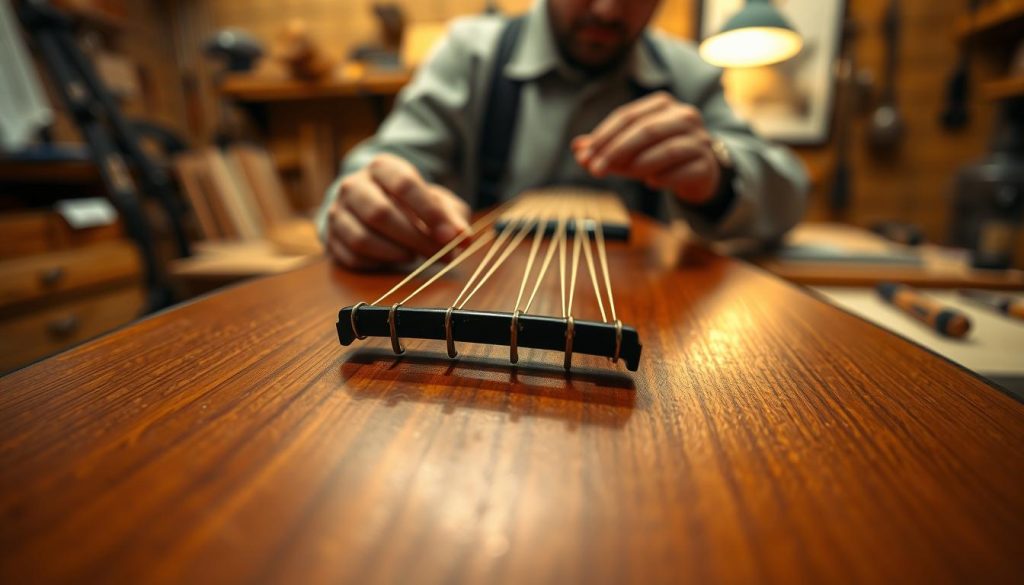 A close-up image of a lute's bridge and newly installed strings, showcasing the technique of stringing a lute without damaging the bridge. In the foreground, focus on the bridge with its intricate wood grain and subtle contours illuminated by soft, warm lighting. The freshly attached strings should glisten slightly as they catch the light, while the tension is visibly demonstrated. In the middle ground, a skilled luthier's hands, clad in modest attire, gently position the strings into place, highlighting precision and care. The background should softly blur into a workshop atmosphere with wood panels, tools, and a warm glow to create an inviting and focused ambiance, emphasizing the dedication to craftsmanship. The overall mood should feel serene and industrious, perfect for illustrating the delicate art of lute maintenance.