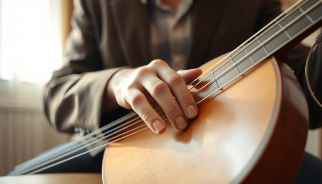 A close-up shot of a musician playing a lute, focusing on the right hand technique with a gentle emphasis on the little finger (auriculaire) resting on the table. The musician is dressed in a smart casual outfit, showcasing a warm and inviting atmosphere. The foreground highlights the intricately crafted lute, with delicate strings and polished wood. The little finger lightly touches the surface as a positional guide, conveying both elegance and precision. Soft, natural lighting filters in from the left, creating subtle highlights and shadows, capturing the details of the hand's movement. The background is softly blurred, suggesting the intimate setting of a practice space, enhancing the mood of concentration and artistry in music.