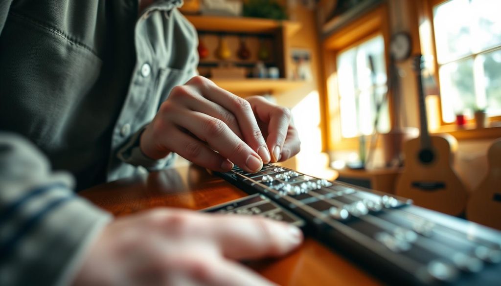 A close-up view of a person’s hands delicately cleaning the strings and fretboard of an acoustic guitar while changing the strings. The individual wears modest casual clothing, displaying care and attention, with a soft focus on their gentle movements. The background features a warmly lit workshop with wooden shelving and guitar tools, adding a cozy, inviting atmosphere. Natural light streams in from a nearby window, creating soft shadows and highlights on the polished guitar surface. The focus is sharp on the guitar's fretboard, revealing details of the cleaning process, while the background remains slightly blurred to emphasize the action of maintenance and care typical during string changes.