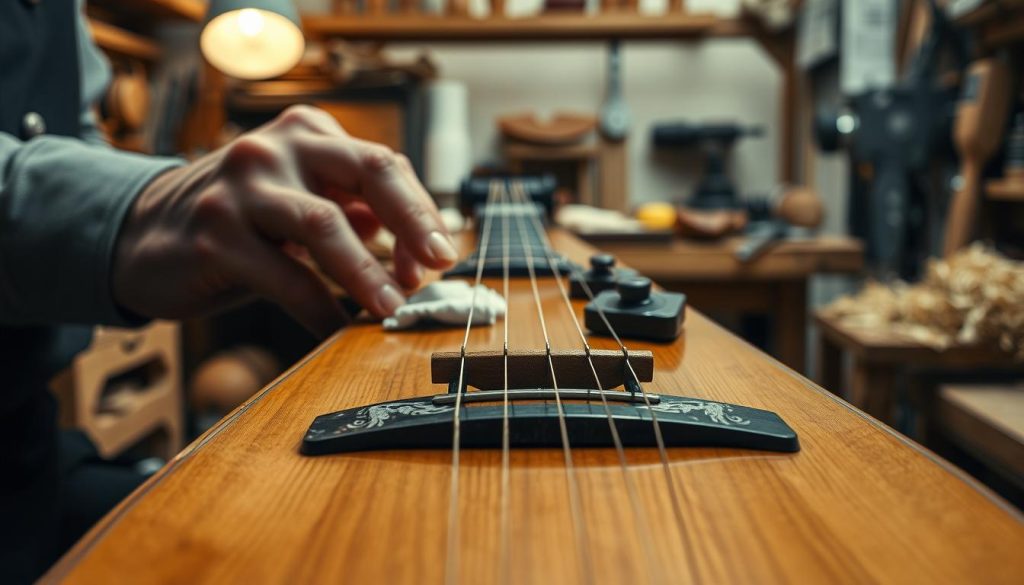 A close-up view of a skilled luthier's hands delicately handling a wooden lute, focusing on the craftsmanship involved in changing the strings without damage to the bridge. The foreground features the polished wood of the lute, revealing intricate grain patterns and fine details of the bridge and fingerboard. In the middle, tools such as a string winder and soft cloths are arranged neatly to emphasize preparation and care. The background includes a softly lit workshop filled with luthier tools and wood shavings, creating a warm and inviting atmosphere. The lighting is soft and diffused, highlighting the rich hues of the wood while maintaining a serene, focused mood, suggesting professionalism and attention to detail.