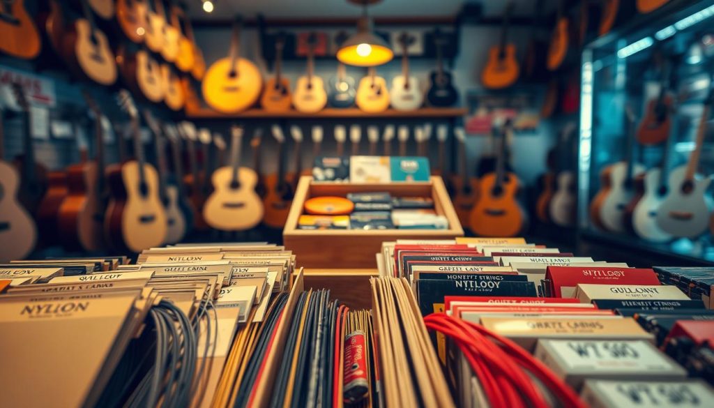 A close-up view of a well-organized display of various guitar strings in a music store. The foreground features a selection of nylon and gut strings, clearly labeled with brand names and prices visible on neatly arranged tags. The middle ground includes a wooden display case with more string options, while the background is softly blurred, showing shelves filled with musical instruments and accessories. The scene is illuminated by warm, inviting lighting, giving a cozy yet professional atmosphere. A shallow depth of field focuses attention on the strings, with a slight angle from above to capture the array effectively, emphasizing the variety and quality of guitar strings available for purchase in France.