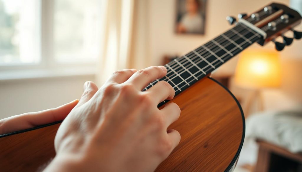 A close-up view of hands positioned on a lute, demonstrating proper hand placement for playing. In the foreground, the left hand gracefully frets the strings on the neck, showcasing relaxed fingers, while the right hand hovers above the soundboard, ready to strum. The image captures the gentle curvature of both hands, emphasizing comfort and ergonomic positioning. The background features a softly blurred room setting, with warm, natural light illuminating the lute, highlighting its wooden texture and intricate details. The atmosphere conveys a serene and focused ambiance, ideal for learning. The composition should emphasize the hands and the instrument, ensuring a professional and educational portrayal of lute technique without any distractions.