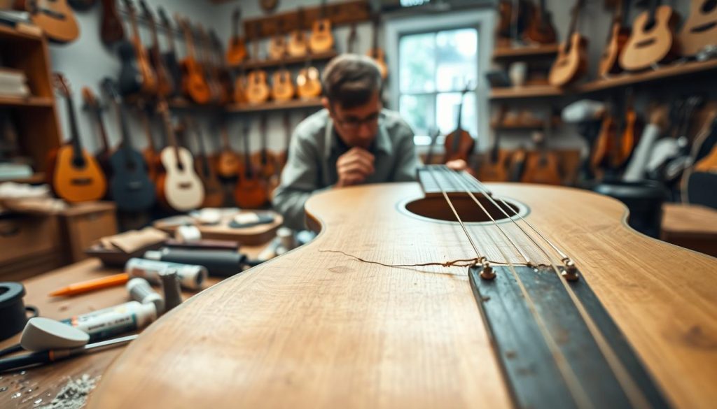 A detailed close-up of a luth being repaired, showcasing small cracks on the surface of its wooden body. In the foreground, the luth is placed on a workbench cluttered with repair tools: fine sandpaper, wood glue, fret files, and a small clamp holding the crack together. The middle ground features a focused artisan, dressed in modest casual clothing, carefully inspecting the frets with a magnifying glass. In the background, a softly lit workshop filled with shelves of musical instruments and repair materials creates an inviting, warm atmosphere. The lighting is soft and natural, streaming in from a nearby window, highlighting the craftsmanship involved in luthier work. The overall mood is one of concentration and artistry, emphasizing the delicate process of instrument restoration.