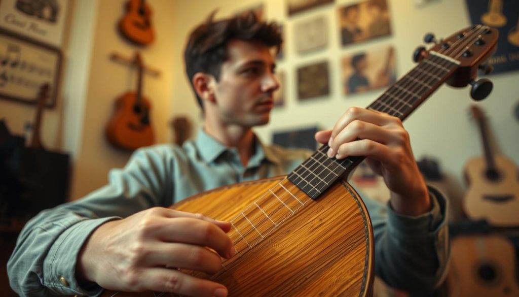 A focused scene capturing a skilled lute player expertly executing the "cordes pincées" technique with their right hand. In the foreground, a close-up of the player's hand deftly plucking the strings of a beautifully crafted lute, showcasing the intricate details of the instrument's wood grain and the tension in the strings. In the middle ground, the player's face is slightly turned, displaying concentration and passion, dressed in modest casual clothing for a professional atmosphere. The background features a softly blurred room adorned with musical decor, enhancing the intimate ambiance. Soft, warm lighting illuminates the scene, creating a serene and focused mood, as if time stands still in this moment of musical creation. The angle is slightly elevated, providing a clear view of both the instrument and the player's technique.