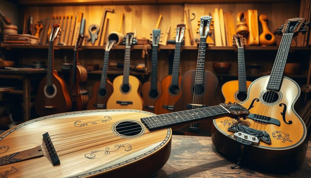 A richly detailed scene featuring several luth instruments from the Renaissance to Baroque eras, showcasing their unique designs and craftsmanship. In the foreground, a meticulously crafted lute with intricate inlays, alongside a Baroque guitar adorned with ornate carvings. The middle ground features a diverse range of luth instruments, displaying variations in shape, size, and ornamentation. In the background, a softly lit workshop setting evokes a warm atmosphere, with wooden shelves lined with tools and partially finished instruments. The lighting is warm and inviting, emphasizing the wood grain and details of each instrument. The overall mood is one of tradition and artistry, capturing the essence of the craft in a historical context.