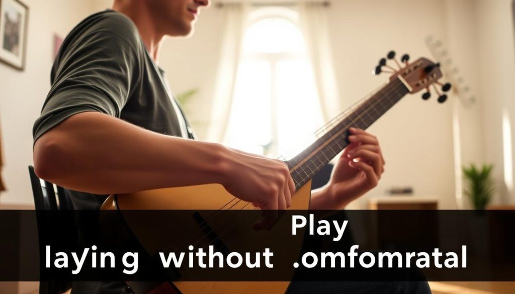 A serene indoor environment featuring a musician seated in an ergonomic posture while playing a lute. In the foreground, focus on the musician's hands gently positioned on the lute's neck, demonstrating proper wrist alignment. The middle ground showcases the musician's relaxed shoulders and a straight back, emphasizing the comfortable position. In the background, a softly lit room filled with warm, natural light pouring through a window, casting gentle shadows. Include a subtle hint of decorative elements like a plant or a music stand to enhance the ambiance. The overall atmosphere conveys a sense of tranquility and focus, promoting the idea of playing without discomfort. The image is devoid of any text or distractions.
