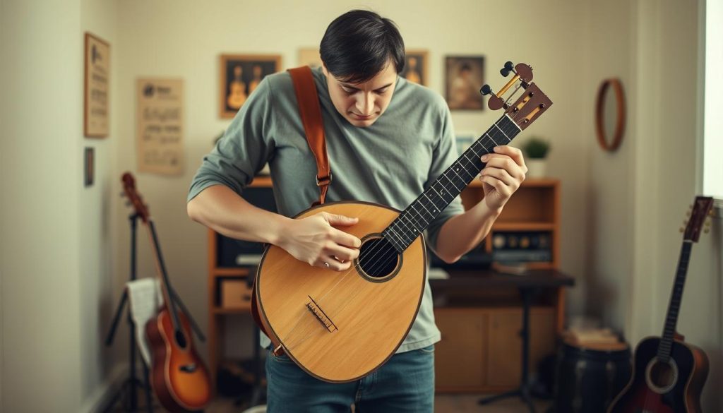 A standing musician expertly holds a lute, showcasing the proper posture and angle for optimal sound production. The individual, dressed in modest casual clothing, stands confidently with a lute strap slung across their shoulder, adjusting the instrument's height for comfort and endurance. The setting is warm and inviting, with soft, diffused lighting illuminating the musician from the front, creating gentle shadows that emphasize their poised stance. In the background, blurred images of a cozy practice space filled with musical notes and instruments suggest a creative atmosphere. The focus is on the musician's technique, highlighting the elegance of their position and the intricate design of the lute, while maintaining a serene and motivational mood.