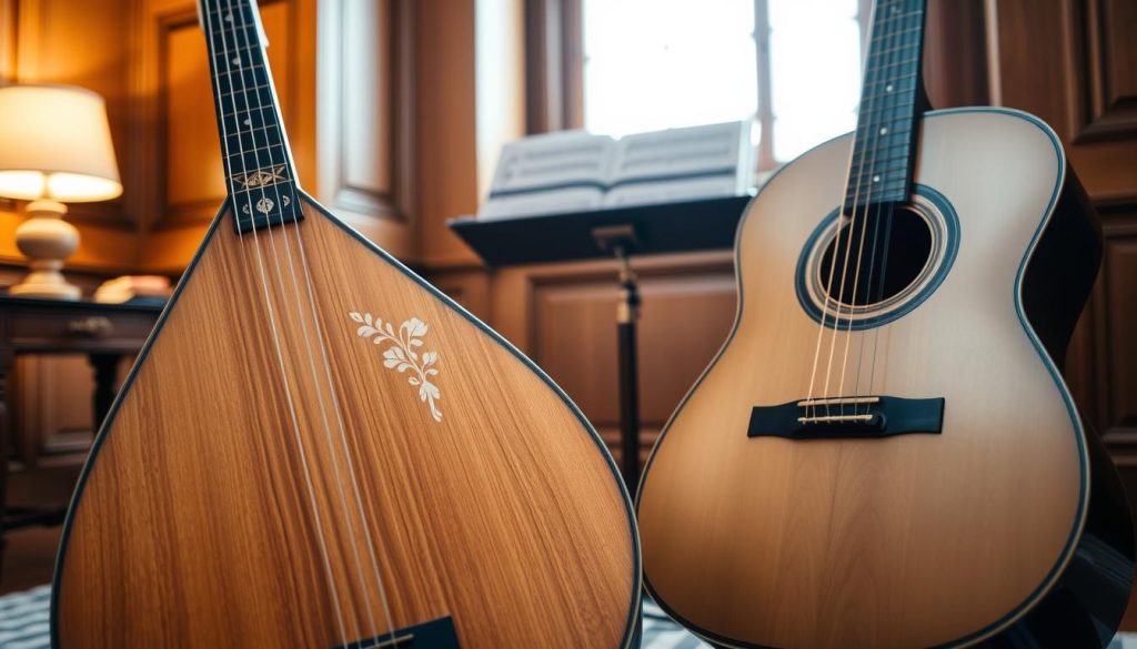 A beautifully arranged scene depicting both a classical lute and a modern guitar in a harmonious setting. In the foreground, focus on the lute, showcasing its elegant curves and detailed wood grain, with intricate inlays near the neck. Positioned next to it, the guitar reveals its sleek body and polished finish, emphasizing the contrast in design. In the middle ground, a softly lit music stand holds sheet music, symbolizing the connection between the two instruments. The background features a warm, inviting room with wooden accents and gentle, diffused lighting, creating a cozy atmosphere. The overall mood is reflective and inspiring, capturing the essence of musical transition between the lute and guitar. The scene is viewed from a slight angle to allow for depth and interest, highlighting the instruments' unique features.