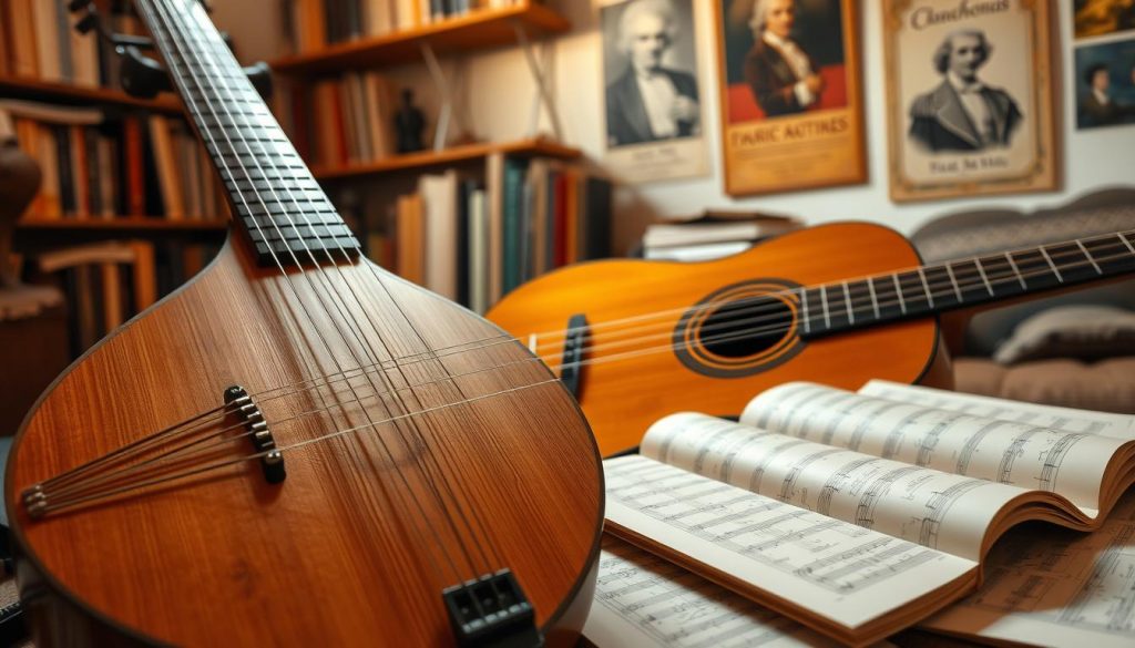 A beautifully arranged scene featuring a luth and a classical guitar, highlighting their intricate designs and craftsmanship. In the foreground, close-up details of the luth's curved body and fine wood grain, nestled beside the guitar’s sleek contours with polished strings glistening in the soft light. The middle ground showcases sheet music spread out, with elegant notes indicating different genres, reflecting the rich repertoire of both instruments. In the background, a cozy, softly lit room with shelves of music books and vintage posters of famous composers, evoking a warm, inviting atmosphere. The lighting is warm and natural, as if filtered through a window, creating an intimate mood perfect for practicing or studying music. The focus is on the instruments, capturing both their similarity and differences.