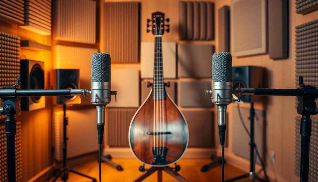 A beautifully arranged studio setting focused on stereo microphone techniques for recording a lute. In the foreground, two high-quality condenser microphones are positioned symmetrically around the lute, capturing its natural tone. The microphones are sleek and metallic, gleaming under soft, warm lighting. In the middle, a finely crafted lute is displayed on a wooden stand, its rich mahogany body reflecting the ambient light. Various acoustic treatments, such as sound-absorbing panels, adorn the walls in the background, enhancing the room's musical atmosphere. A cozy, inviting mood envelops the room, suggesting a professional yet relaxed environment ideal for recording. The composition emphasizes clarity, detail, and balance, embodying acoustical principles of width, naturalness, and phase management. A beautifully arranged studio setting focused on stereo microphone techniques for recording a lute. In the foreground, two high-quality condenser microphones are positioned symmetrically around the lute, capturing its natural tone. The microphones are sleek and metallic, gleaming under soft, warm lighting. In the middle, a finely crafted lute is displayed on a wooden stand, its rich mahogany body reflecting the ambient light. Various acoustic treatments, such as sound-absorbing panels, adorn the walls in the background, enhancing the room's musical atmosphere. A cozy, inviting mood envelops the room, suggesting a professional yet relaxed environment ideal for recording. The composition emphasizes clarity, detail, and balance, embodying acoustical principles of width, naturalness, and phase management.