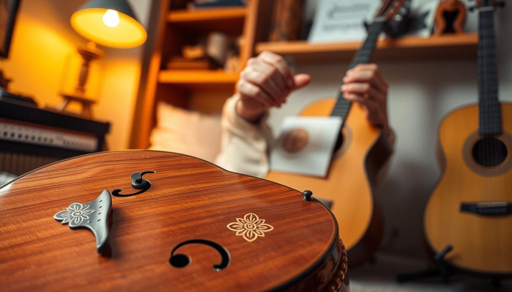 A beautifully arranged wooden accordage luth, showcasing its intricate craftsmanship and elegant curves. In the foreground, the luth is displayed against a soft-focus backdrop of a cozy musician's workspace, with a warm glow of ambient light creating a rich and inviting atmosphere. The body of the instrument gleams, reflecting the soft light, while detailed inlays and fine tuning pegs are visible in sharp focus. In the middle ground, a pair of hands, dressed in modest casual clothing, gently adjust the tuning pegs of the luth, emphasizing the need for skill in tuning and play. The background features a blurred shelf with sheet music and acoustic guitars, enhancing the scene's connection to music education. The overall mood is warm, intimate, and focused on the artistry of traditional string instruments.