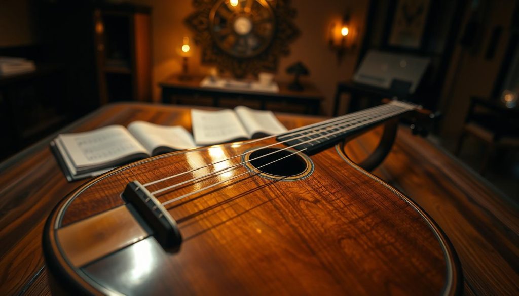 A beautifully crafted Arabic oud, finely detailed with intricate inlays and a high-gloss finish, sits prominently in the foreground. The oud's strings shimmer softly under warm, ambient lighting that creates a cozy atmosphere, enhancing the wood grain's rich colors. In the middle ground, subtle hints of music sheets spread across a wooden table, suggesting preparation for a performance or practice. The background features a dimly lit room with traditional Middle Eastern decor, evoking a sense of cultural heritage and musical tradition. The composition captures a serene yet inspiring mood, inviting viewers to appreciate the artistry and craftsmanship involved in amplifying the soulful sounds of the oud. The angle is slightly above eye level, focusing on the curves of the instrument and its inviting presence.