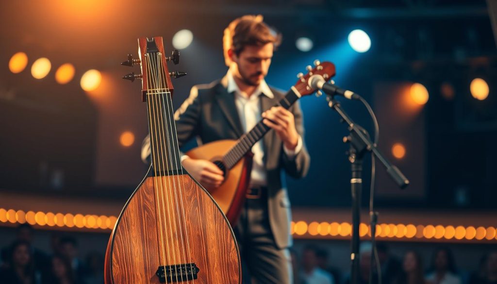 A beautifully crafted lute is positioned prominently in the foreground, showcasing its intricate woodwork and strings, glistening softly under warm stage lights. In the middle ground, a professional musician, dressed in smart casual attire, stands in a relaxed yet focused pose, gently playing the lute and capturing the essence of music. They are surrounded by a subtle array of high-quality microphones, highlighting the importance of natural sound capture on stage. The background features a blurred audience, immersed in the performance, with soft bokeh lights creating a warm and inviting atmosphere. The scene is illuminated with a mix of soft golden and soft blue tones, evoking a sense of tranquility and professional artistry, showcasing the harmony between the musician and their instrument in a live setting. A beautifully crafted lute is positioned prominently in the foreground, showcasing its intricate woodwork and strings, glistening softly under warm stage lights. In the middle ground, a professional musician, dressed in smart casual attire, stands in a relaxed yet focused pose, gently playing the lute and capturing the essence of music. They are surrounded by a subtle array of high-quality microphones, highlighting the importance of natural sound capture on stage. The background features a blurred audience, immersed in the performance, with soft bokeh lights creating a warm and inviting atmosphere. The scene is illuminated with a mix of soft golden and soft blue tones, evoking a sense of tranquility and professional artistry, showcasing the harmony between the musician and their instrument in a live setting.