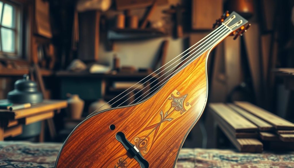 A beautifully crafted luth, showcasing intricate wood grain and detailed inlays, is prominently displayed in the foreground. The instrument’s body features a delicate curve reminiscent of ancient designs, capturing the essence of its rich history. In the middle ground, a subtle backdrop reveals a soft focus of an old workshop filled with vintage tools and wooden planks, hinting at the craftsmanship behind stringed instruments. The lighting is warm and inviting, with gentle highlights reflecting off the luth’s polished surface, creating a nostalgic atmosphere. A slight vignette draws the eye towards the luth, emphasizing its significance as a bridge between the oud and modern guitar styles. The image is composed with a soft depth of field, ensuring that the luth remains the focal point.