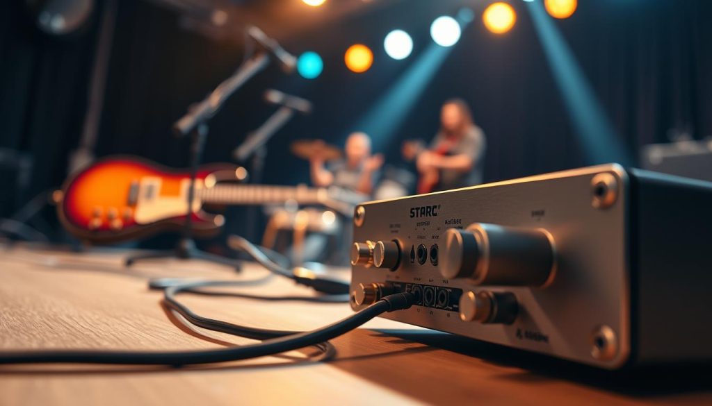 A close-up view of a high-quality audio preamplifier, showcasing its sleek design and intricate components. The foreground features the preamp with illuminated control knobs and a soft glow highlighting its metal casing. In the middle ground, delicate cables connect to a guitar and a DI box, symbolizing the importance of sound capture on stage. The background includes a blurred stage setting with subtle lighting effects, hinting at a live performance atmosphere. The lighting is warm and inviting, reflecting a professional studio environment, with a shallow depth of field focusing on the preamp. The overall mood is sophisticated and technical, emphasizing the gear's role in ensuring high-quality sound. A close-up view of a high-quality audio preamplifier, showcasing its sleek design and intricate components. The foreground features the preamp with illuminated control knobs and a soft glow highlighting its metal casing. In the middle ground, delicate cables connect to a guitar and a DI box, symbolizing the importance of sound capture on stage. The background includes a blurred stage setting with subtle lighting effects, hinting at a live performance atmosphere. The lighting is warm and inviting, reflecting a professional studio environment, with a shallow depth of field focusing on the preamp. The overall mood is sophisticated and technical, emphasizing the gear's role in ensuring high-quality sound.