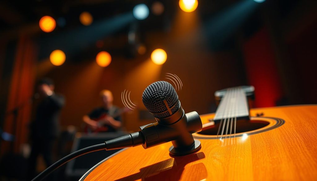 A close-up view of a high-quality contact microphone attached to the body of an elegant acoustic guitar, positioned in a well-lit, professional stage environment. The foreground showcases the microphone, highlighting its sleek design and attachment to the guitar's body, with delicate sound waves illustrated subtly emanating from the mic. In the middle ground, the warm glow of stage lights creates a dynamic atmosphere, casting gentle shadows that enhance the texture of the guitar's wood. The background features blurred silhouettes of musicians performing, adding depth while maintaining focus on the microphone. The overall mood is vibrant and energetic, capturing the essence of live performance. A close-up view of a high-quality contact microphone attached to the body of an elegant acoustic guitar, positioned in a well-lit, professional stage environment. The foreground showcases the microphone, highlighting its sleek design and attachment to the guitar's body, with delicate sound waves illustrated subtly emanating from the mic. In the middle ground, the warm glow of stage lights creates a dynamic atmosphere, casting gentle shadows that enhance the texture of the guitar's wood. The background features blurred silhouettes of musicians performing, adding depth while maintaining focus on the microphone. The overall mood is vibrant and energetic, capturing the essence of live performance.