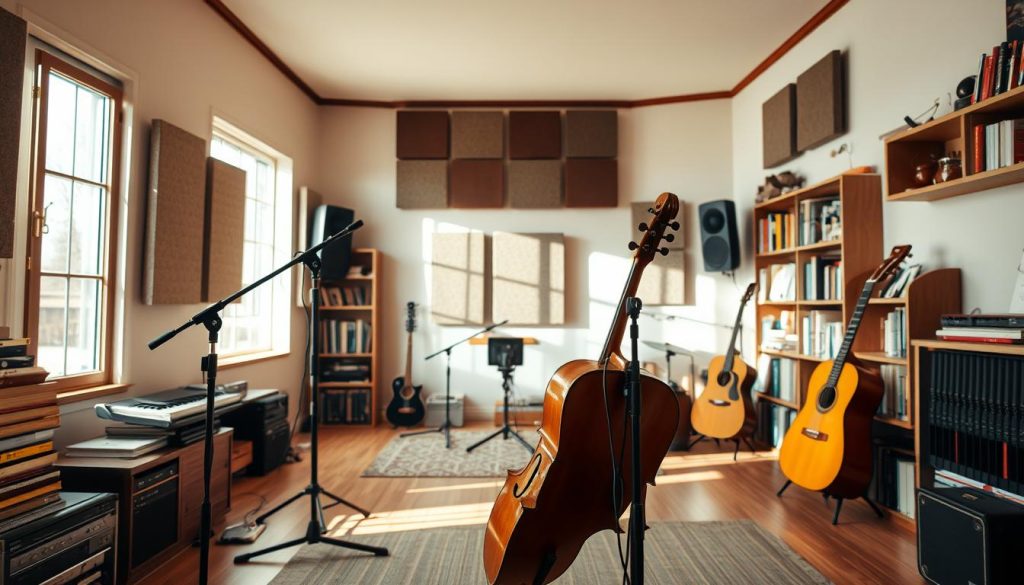 A cozy, well-furnished acoustic room designed for recording, featuring a wooden luth placed on a stand in the foreground. The middle ground shows strategically placed microphones and sound absorbing panels on walls to enhance acoustics. Natural light filters through a large window, casting soft shadows and creating a warm atmosphere. In the background, bookshelves filled with music literature and acoustic instruments complement the scene. The angle is slightly elevated, capturing the essence of the room’s depth and acoustic qualities, inviting an environment conducive to clear sound recording. A sense of tranquility and focus permeates the space, making it ideal for musical creativity. A cozy, well-furnished acoustic room designed for recording, featuring a wooden luth placed on a stand in the foreground. The middle ground shows strategically placed microphones and sound absorbing panels on walls to enhance acoustics. Natural light filters through a large window, casting soft shadows and creating a warm atmosphere. In the background, bookshelves filled with music literature and acoustic instruments complement the scene. The angle is slightly elevated, capturing the essence of the room’s depth and acoustic qualities, inviting an environment conducive to clear sound recording. A sense of tranquility and focus permeates the space, making it ideal for musical creativity.