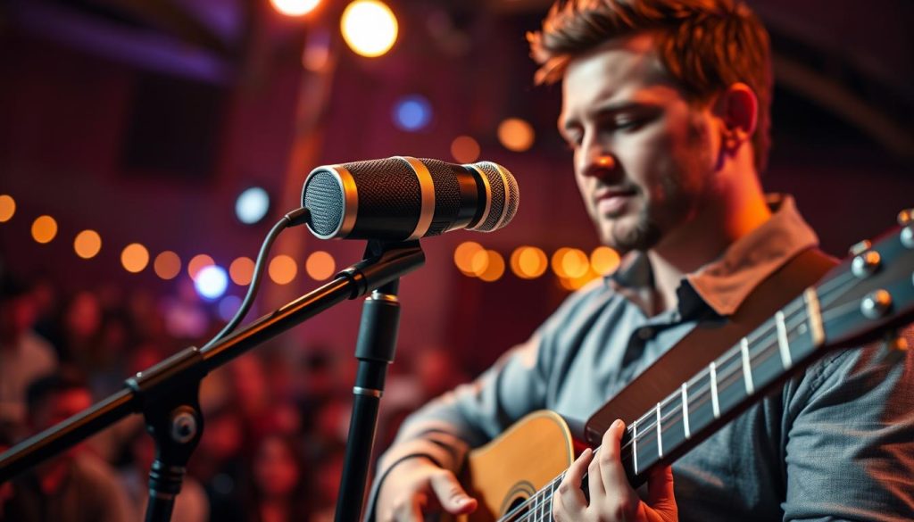 A dynamic live music scene featuring a professional musician playing a lute on stage, using a high-quality external microphone. In the foreground, the musician is focused, dressed in smart casual attire, with a captivated expression. The middle ground showcases the microphone, which is sleek and modern, capturing the essence of the performance. The background is filled with blurred lights and a small audience, creating an intimate atmosphere. The lighting is warm and inviting, highlighting the musician and the microphone while casting subtle shadows. The image is framed with a slightly low angle to emphasize the artist’s connection to the audience, conveying a professional yet engaging live performance vibe. A dynamic live music scene featuring a professional musician playing a lute on stage, using a high-quality external microphone. In the foreground, the musician is focused, dressed in smart casual attire, with a captivated expression. The middle ground showcases the microphone, which is sleek and modern, capturing the essence of the performance. The background is filled with blurred lights and a small audience, creating an intimate atmosphere. The lighting is warm and inviting, highlighting the musician and the microphone while casting subtle shadows. The image is framed with a slightly low angle to emphasize the artist’s connection to the audience, conveying a professional yet engaging live performance vibe.