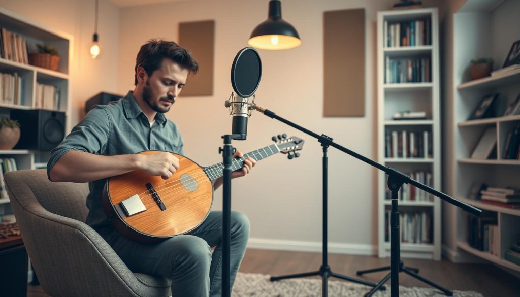 A serene home recording studio, focusing on a skilled musician preparing a lute for a recording session. In the foreground, the musician, dressed in modest casual clothing, gently adjusts the strings of the lute while seated comfortably on a stylish, simple chair. In the middle ground, a high-quality microphone is positioned strategically above the lute, capturing its rich sounds, with a pop filter in place. The background features soft ambient lighting, with warm tones emanating from pendant lights, and shelves lined with music books and acoustic panels enhancing sound quality. The atmosphere is calm and focused, suggesting an intimate and creative environment, perfect for a solo recording. A serene home recording studio, focusing on a skilled musician preparing a lute for a recording session. In the foreground, the musician, dressed in modest casual clothing, gently adjusts the strings of the lute while seated comfortably on a stylish, simple chair. In the middle ground, a high-quality microphone is positioned strategically above the lute, capturing its rich sounds, with a pop filter in place. The background features soft ambient lighting, with warm tones emanating from pendant lights, and shelves lined with music books and acoustic panels enhancing sound quality. The atmosphere is calm and focused, suggesting an intimate and creative environment, perfect for a solo recording.