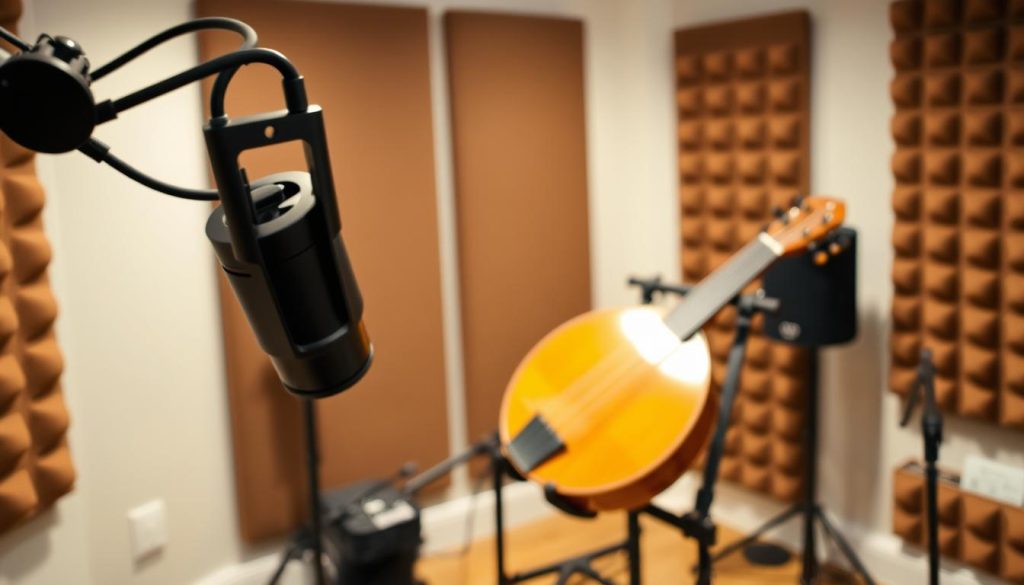 A well-organized recording setup featuring a placement microphone strategically positioned to capture sound from a beautifully crafted lute. In the foreground, the microphone, sleek and professional, is mounted on a boom arm. The middle ground showcases the lute, resting on a sturdy music stand, its polished wood reflecting soft, warm light, which enhances the texture and intricate details of its body. In the background, a cozy home studio is revealed, with plush acoustic panels adorning the walls, creating a serene atmosphere ideal for recording. Soft, diffused lighting bathes the scene, evoking a focused and creative mood, while an over-the-shoulder view captures the careful setup and distance adjustments essential for optimal sound quality. A well-organized recording setup featuring a placement microphone strategically positioned to capture sound from a beautifully crafted lute. In the foreground, the microphone, sleek and professional, is mounted on a boom arm. The middle ground showcases the lute, resting on a sturdy music stand, its polished wood reflecting soft, warm light, which enhances the texture and intricate details of its body. In the background, a cozy home studio is revealed, with plush acoustic panels adorning the walls, creating a serene atmosphere ideal for recording. Soft, diffused lighting bathes the scene, evoking a focused and creative mood, while an over-the-shoulder view captures the careful setup and distance adjustments essential for optimal sound quality.