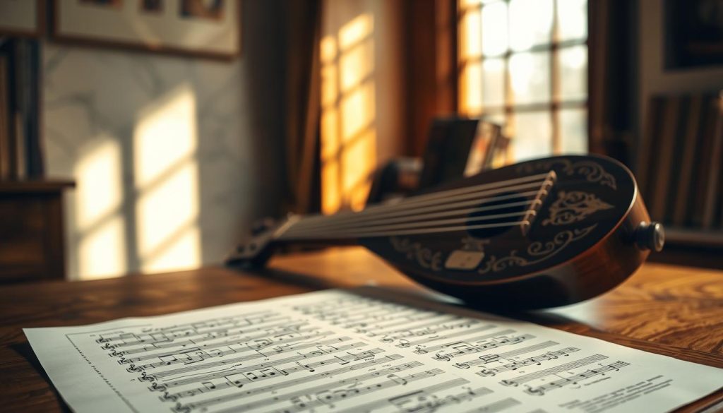 A beautifully arranged close-up of a lute tablature sheet, featuring intricate notations and chord symbols, set against a softly blurred wooden table as the foreground. The middle layer showcases a detailed two-necked lute, elegantly designed with ornate inlays and a polished finish, resting beside the tablature. In the background, a warm, ambient light filters through a window, creating a cozy atmosphere that suggests a serene study or music room. Shadows delicately play across the scene, enhancing the textures of the lute and paper. The overall mood evokes a sense of historical richness and musicality, inviting the viewer to immerse themselves in the world of the luthist. A beautifully arranged close-up of a lute tablature sheet, featuring intricate notations and chord symbols, set against a softly blurred wooden table as the foreground. The middle layer showcases a detailed two-necked lute, elegantly designed with ornate inlays and a polished finish, resting beside the tablature. In the background, a warm, ambient light filters through a window, creating a cozy atmosphere that suggests a serene study or music room. Shadows delicately play across the scene, enhancing the textures of the lute and paper. The overall mood evokes a sense of historical richness and musicality, inviting the viewer to immerse themselves in the world of the luthist.