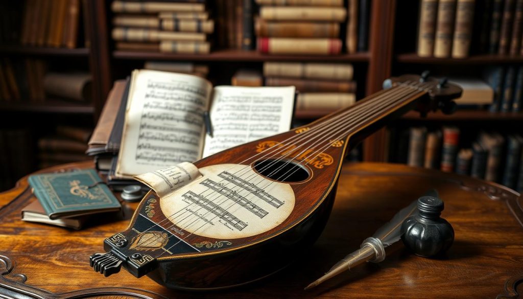 A beautifully arranged still life of a 17th-century lute with two necks, set on an elegantly carved wooden table. In the foreground, highlight the intricate details of the lute’s craftsmanship, including the decorative inlays and the gleaming strings, illuminated by soft, warm light. In the middle ground, display a collection of sheet music from the Renaissance period, featuring delicate notations and aged parchment, alongside a quill and inkpot for an authentic touch. In the background, softly blurred shelves lined with historical music books hint at a cozy study filled with musical heritage. The atmosphere is scholarly and inviting, evoking a sense of exploration in the rich musical repertoire of the 16th and 17th centuries. A beautifully arranged still life of a 17th-century lute with two necks, set on an elegantly carved wooden table. In the foreground, highlight the intricate details of the lute’s craftsmanship, including the decorative inlays and the gleaming strings, illuminated by soft, warm light. In the middle ground, display a collection of sheet music from the Renaissance period, featuring delicate notations and aged parchment, alongside a quill and inkpot for an authentic touch. In the background, softly blurred shelves lined with historical music books hint at a cozy study filled with musical heritage. The atmosphere is scholarly and inviting, evoking a sense of exploration in the rich musical repertoire of the 16th and 17th centuries.