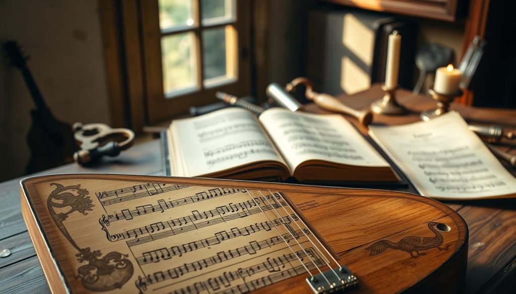 A beautifully arranged wooden tablature of a lute displayed prominently in the foreground, showcasing intricately detailed musical notations and hand-drawn illustrations of lutes from various historical periods. The middle ground features an open ancient manuscript representing the transfer of musical knowledge, with soft, diffused natural sunlight filtering through a nearby window, casting gentle shadows. In the background, a rustic wooden table filled with various lute-making tools, parchment, and a softly glowing candle to evoke a scholarly atmosphere reminiscent of the Renaissance. The scene has warm earth tones, creating a mood of discovery and learning, as musicians and scholars might have experienced when studying the history and techniques of lute playing. A beautifully arranged wooden tablature of a lute displayed prominently in the foreground, showcasing intricately detailed musical notations and hand-drawn illustrations of lutes from various historical periods. The middle ground features an open ancient manuscript representing the transfer of musical knowledge, with soft, diffused natural sunlight filtering through a nearby window, casting gentle shadows. In the background, a rustic wooden table filled with various lute-making tools, parchment, and a softly glowing candle to evoke a scholarly atmosphere reminiscent of the Renaissance. The scene has warm earth tones, creating a mood of discovery and learning, as musicians and scholars might have experienced when studying the history and techniques of lute playing.