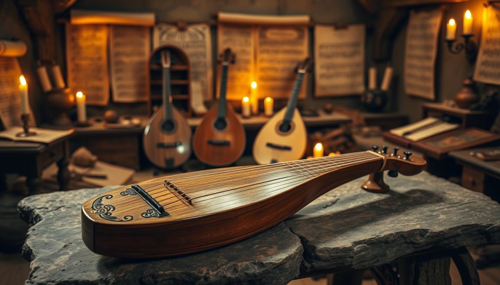 A beautifully crafted historical scene depicting the origin and evolution of string instruments, focusing on a three-string lute placed prominently in the foreground. The lute, made of rich wood with intricate carvings, is resting on a weathered stone table, highlighting its craftsmanship. In the middle ground, softly lit by warm candlelight, are other similar instruments like a oud, showcasing their differences and similarities in design. The background features a softly illuminated, ancient workshop adorned with old scrolls and music sheets, evoking a sense of history and tradition. The overall atmosphere is warm and inviting, with an emphasis on cultural heritage, music, and craftsmanship, shot from a slightly elevated angle to capture the depth of the scene.