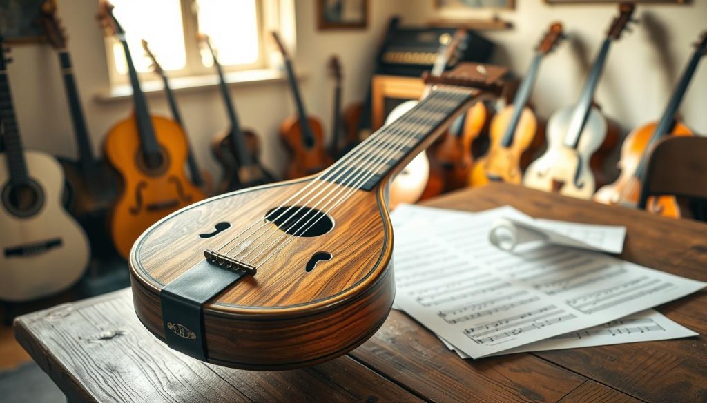 A beautifully crafted three-string lute, showcasing intricate woodwork and elegant design, prominently positioned in the foreground. The lute's body, made of rich mahogany with decorative inlays, glistens softly under warm, ambient lighting that creates a cozy, inviting atmosphere. Surrounding the lute, sheet music sprawls across an aged wooden table, hinting at its pedagogical use. In the middle ground, a gently blurred backdrop of a sunlit room filled with musical instruments gives context to the scene. Soft, natural light filters through a nearby window, casting gentle shadows and enhancing the lute's contours. The composition captures the essence of simplicity and education in music, evoking a sense of serenity and inspiration.