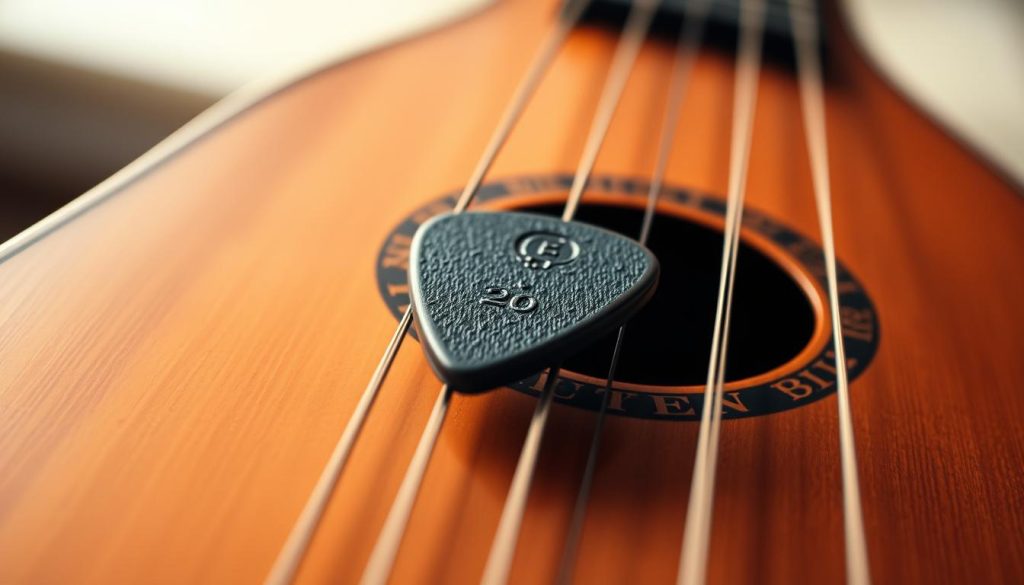 A close-up image of a plectrum resting gently on the strings of a three-string lute. In the foreground, focus sharply on the plectrum, showcasing its unique texture and color, whether it's made of wood, plastic, or metal. The background features a softly blurred out lute, with its elegant curves and fine details, suggesting craftsmanship. Warm, soft lighting enhances the earthy tones of the instrument, creating a cozy atmosphere. Incorporate subtle reflections on the strings to highlight the plectrum's interaction with the instrument. The angle should be slightly tilted from above to emphasize the instrument's profile and detail, inviting a sense of intimacy with the music creation process.