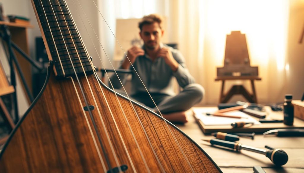 A close-up view of a beautifully crafted three-string lute, displayed prominently in the foreground. The instrument's wooden body glistens under warm, soft lighting, showcasing intricate carvings and a polished finish. In the middle ground, a skilled artisan sits cross-legged, adjusting the strings, wearing modest casual clothing, with a focused expression that conveys a sense of professionalism and passion for their craft. Surrounding them are various tools and musical notes scattered on a wooden table, hinting at the creative process. The background fades into a softly blurred music studio, bathed in gentle ambient light, enhancing the serene atmosphere. The image evokes a sense of harmony and creativity, perfectly illustrating the essence of tuning and sound principles with three strings.