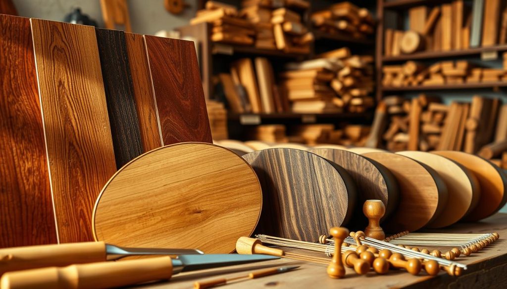 A close-up view of various types of wood used in lutherie, showcasing a harmonious arrangement of rich mahogany, light maple, and dark walnut samples, with detailed grains and textures visible. In the foreground, include finely crafted wooden luthier tools like chisels and a carving knife, partially embedded within soft, natural light. In the middle ground, display a series of unstrung lute bodies, highlighting their curves and craftsmanship, with strings and pegs organized artfully nearby. In the background, an artisan workshop ambiance with softly blurred shelves filled with wood planks and completed instruments, illuminated by warm, diffused lighting to create a cozy, inviting atmosphere that reflects the craftsmanship and history of lutherie.