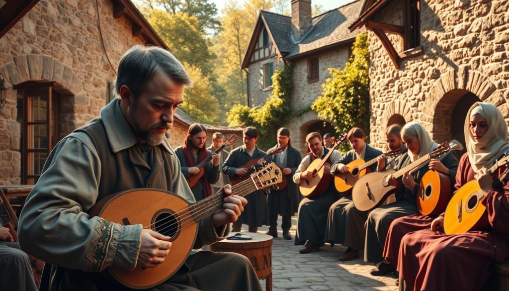 A detailed scene representing the implantation of the lute in Europe during the transition from the Middle Ages to the Renaissance. In the foreground, a skilled luthier, dressed in modest, professional attire, meticulously crafts a two-necked lute, showcasing intricate woodwork and decorative patterns. In the middle, musicians of the era play various lutes, surrounded by a small gathering of listeners in period-appropriate clothing, portraying a lively atmosphere. The background features a quaint European village with stone buildings and lush greenery, warm golden sunlight filtering through the trees, evoking a sense of harmony and cultural exchange. The scene is captured with a slightly angled perspective, providing depth and a dynamic view of this historical moment.