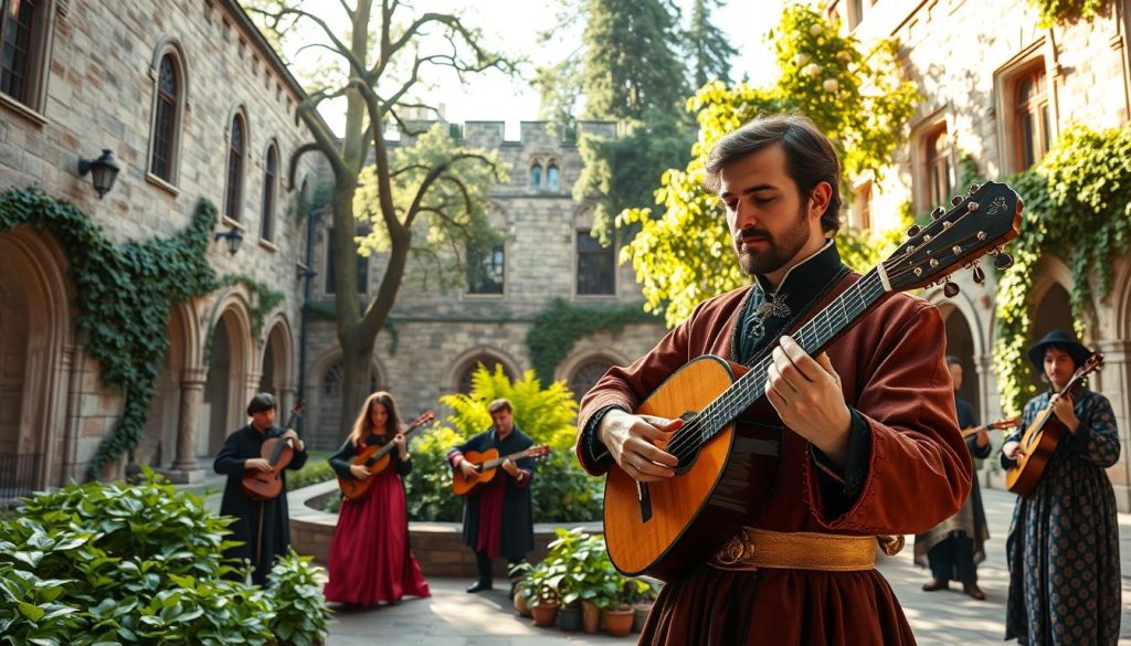 A serene gathering in a grand, opulent courtyard of a historic castle, showcasing musicians playing the two-necked lute. In the foreground, a professional musician in elegant attire strums the lute, his face expressing passion for the music. Surrounding him, a small ensemble of musicians play period instruments, adorned in richly textured, colorful garments. The middle ground features lush greenery, with ivy climbing on ancient stone walls, while hints of the castle’s intricate architecture rise softly in the background. Soft, warm sunlight filters through tall trees, creating dappled patterns on the ground, enhancing the mood of tranquility and artistry. The scene captures the charm and sophistication of musical gatherings in the court, embodying a rich cultural heritage.
