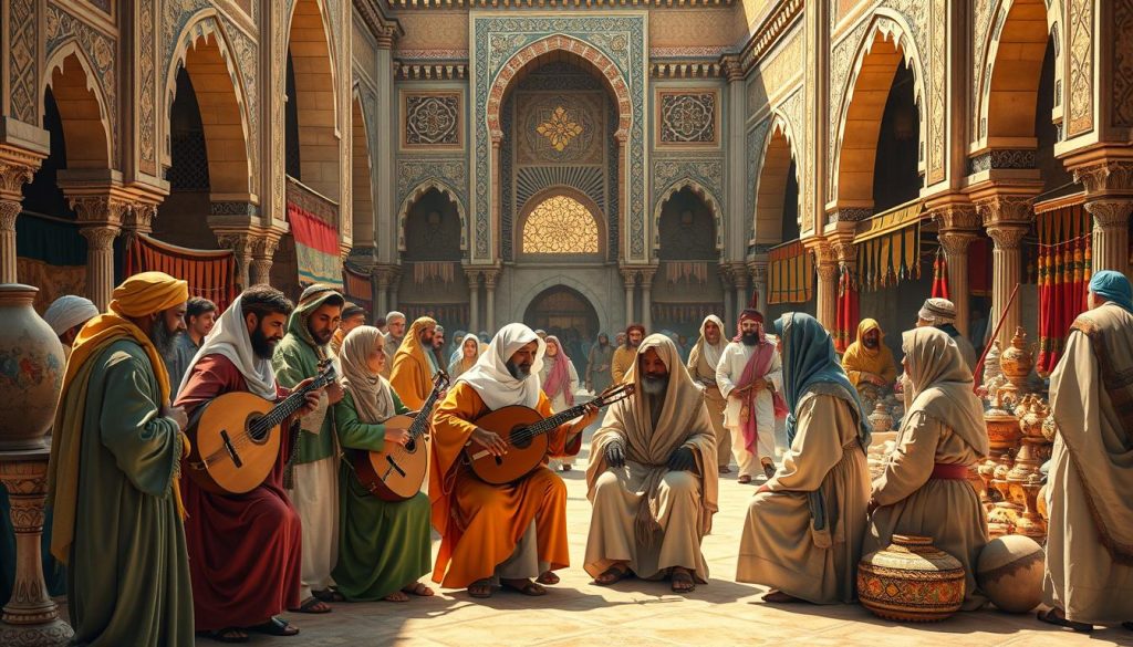 A vibrant scene of cultural exchanges in Al-Andalus during the medieval period. In the foreground, a diverse group of musicians from different backgrounds, dressed in flowing robes and modest clothing, are gathered around a beautifully detailed lute, exchanging musical ideas. In the middle ground, a bustling marketplace filled with richly adorned textiles, pottery, and instruments, illustrating the trade between cultures. The background features ornate Islamic architecture with intricate tile work and arches, bathed in warm, golden sunlight, creating a welcoming atmosphere. Soft shadows play across the scene, enhancing the depth and texture. The overall mood is one of collaboration and harmony, reflecting the rich cultural tapestry of Al-Andalus during this vibrant historical era.