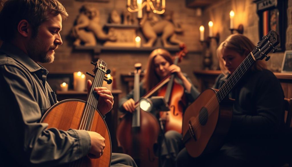 An intimate ensemble of musicians featuring a lutenist playing a beautifully crafted lute, accompanied by a vocalist, a viola da gamba, and a recorder. In the foreground, the lutenist, dressed in modest, period-appropriate attire, is focused on the instrument while the vocalist expresses emotion through their voice, capturing the spirit of historical music. The middle ground showcases the viola da gamba being played gently, with the recorder held close by another musician. In the background, soft candlelight illuminates a rustic chamber, adorned with historical decorations, creating a warm and inviting atmosphere. The scene is set with a shallow depth of field, allowing the characters to stand out while the ambient light adds a sense of nostalgia, as if transporting the viewer to a bygone era of music history.