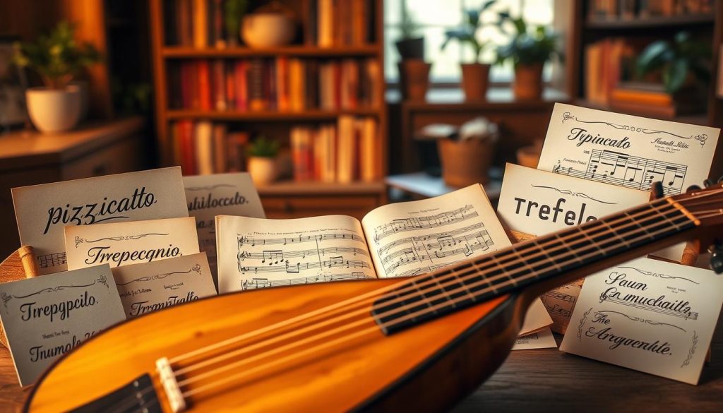 A beautifully arranged collection of musical vocabulary words related to the lute, artistically illustrated. In the foreground, a finely crafted lute with intricate details and vibrant wood tones glows softly under warm light. Surrounding the lute, elegantly hand-written notecards display terms like "pizzicato," "tremolo," and "arpeggio," each with decorative accents. The middle ground features a vintage sheet of music delicately spread out, adorned with ornate musical notes and symbols. In the background, a softly blurred setting of a cozy music room, with bookshelves filled with music theory texts and plants, adds depth. Soft, ambient lighting bathes the scene, creating a warm and inviting atmosphere, ideal for a celebration of musical terminology. The composition evokes a sense of artistic inspiration and reverence for the lute. A beautifully arranged collection of musical vocabulary words related to the lute, artistically illustrated. In the foreground, a finely crafted lute with intricate details and vibrant wood tones glows softly under warm light. Surrounding the lute, elegantly hand-written notecards display terms like "pizzicato," "tremolo," and "arpeggio," each with decorative accents. The middle ground features a vintage sheet of music delicately spread out, adorned with ornate musical notes and symbols. In the background, a softly blurred setting of a cozy music room, with bookshelves filled with music theory texts and plants, adds depth. Soft, ambient lighting bathes the scene, creating a warm and inviting atmosphere, ideal for a celebration of musical terminology. The composition evokes a sense of artistic inspiration and reverence for the lute.