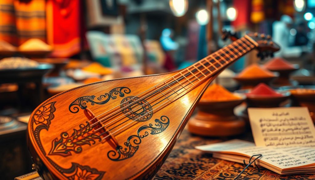 A beautifully crafted Arabic lute, or 'oud', prominently positioned in the foreground. The lute's intricate wooden patterns and ornate carvings glisten softly under warm, ambient lighting, emphasizing its traditional craftsmanship. Positioned to one side are musical sheets, featuring legible Arabic script, hinting at the lute's cultural significance. In the background, a blurred out setting of a Middle Eastern marketplace enhances the atmosphere, with colorful fabrics and spices subtly visible, giving context but not distracting from the instrument. The scene conveys a mood of rich cultural heritage and artistic expression, captured using a soft focus lens to create a dreamy depth. A beautifully crafted Arabic lute, or 'oud', prominently positioned in the foreground. The lute's intricate wooden patterns and ornate carvings glisten softly under warm, ambient lighting, emphasizing its traditional craftsmanship. Positioned to one side are musical sheets, featuring legible Arabic script, hinting at the lute's cultural significance. In the background, a blurred out setting of a Middle Eastern marketplace enhances the atmosphere, with colorful fabrics and spices subtly visible, giving context but not distracting from the instrument. The scene conveys a mood of rich cultural heritage and artistic expression, captured using a soft focus lens to create a dreamy depth.
