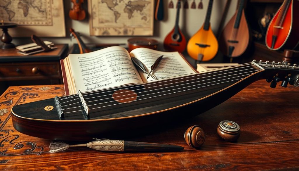A beautifully crafted lute resting on a richly textured wooden table, showcasing its elegant curves and intricate inlays. In the foreground, a pair of hands gently strumming the strings, highlighting the instrument's craftsmanship. In the middle, an open book displaying historical notes and sketches about the lute's evolution, surrounded by quills and inkpots, emphasizing research and scholarly exploration. The background fades into a warm, softly lit study, with vintage maps and other string instruments on the walls, creating an atmosphere of deep historical appreciation. The lighting is warm and inviting, casting soft shadows that enhance the textures of the materials. The mood is reflective and scholarly, inviting viewers to explore the rich history of the lute and its evolving names. A beautifully crafted lute resting on a richly textured wooden table, showcasing its elegant curves and intricate inlays. In the foreground, a pair of hands gently strumming the strings, highlighting the instrument's craftsmanship. In the middle, an open book displaying historical notes and sketches about the lute's evolution, surrounded by quills and inkpots, emphasizing research and scholarly exploration. The background fades into a warm, softly lit study, with vintage maps and other string instruments on the walls, creating an atmosphere of deep historical appreciation. The lighting is warm and inviting, casting soft shadows that enhance the textures of the materials. The mood is reflective and scholarly, inviting viewers to explore the rich history of the lute and its evolving names.