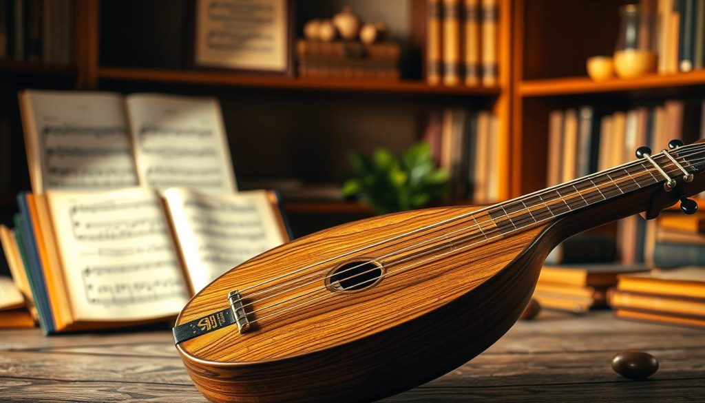A beautifully crafted "luth" (oud) prominently placed in the foreground, showcasing intricate wood grain, smooth curves, and elegant strings under soft, natural lighting. The middle ground features a softly blurred music sheet with notes, hinting at the instrument's purpose, while a cozy, dimly lit room serves as the background, adorned with vintage music books and warm wooden shelves. The overall atmosphere is inviting and contemplative, evoking a sense of artistry and tradition. The scene captures the essence of string instruments, focusing on the luth as a central element, radiating warmth and creativity, suitable for an insightful article on puzzles related to string instruments. A beautifully crafted "luth" (oud) prominently placed in the foreground, showcasing intricate wood grain, smooth curves, and elegant strings under soft, natural lighting. The middle ground features a softly blurred music sheet with notes, hinting at the instrument's purpose, while a cozy, dimly lit room serves as the background, adorned with vintage music books and warm wooden shelves. The overall atmosphere is inviting and contemplative, evoking a sense of artistry and tradition. The scene captures the essence of string instruments, focusing on the luth as a central element, radiating warmth and creativity, suitable for an insightful article on puzzles related to string instruments.