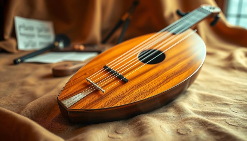 A beautifully crafted oud, showcasing intricate details of its wooden body and elegant curved shape, placed elegantly on a rich, textured fabric background that highlights its cultural significance. In the foreground, the oud's strings shimmer softly under warm, ambient lighting, conveying a sense of artistry and craftsmanship. The middle ground features subtle hints of traditional music elements, such as sheet music or an artisan’s tools, while the background subtly hints at a warm, inviting setting, perhaps resembling a cozy music room or a cultural gathering space. The overall mood is warm and inviting, evoking a sense of connection between the oud and the lute, celebrating their musical heritage and variations in design through a harmonious blend of colors and textures. A beautifully crafted oud, showcasing intricate details of its wooden body and elegant curved shape, placed elegantly on a rich, textured fabric background that highlights its cultural significance. In the foreground, the oud's strings shimmer softly under warm, ambient lighting, conveying a sense of artistry and craftsmanship. The middle ground features subtle hints of traditional music elements, such as sheet music or an artisan’s tools, while the background subtly hints at a warm, inviting setting, perhaps resembling a cozy music room or a cultural gathering space. The overall mood is warm and inviting, evoking a sense of connection between the oud and the lute, celebrating their musical heritage and variations in design through a harmonious blend of colors and textures.