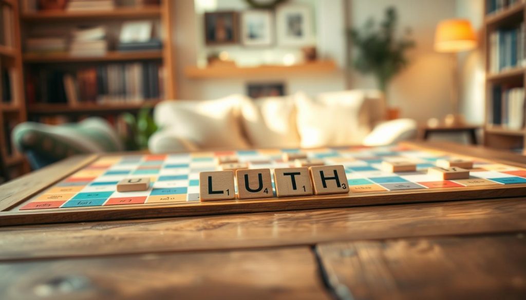 A beautifully designed scrabble board on a rustic wooden table, featuring an elegant "Luth" tile prominently placed in the center. The foreground showcases the scrabble tiles, with intricate wooden letters and a vibrant color palette. In the middle ground, the board is slightly angled, revealing the strategic arrangement of other tiles around "Luth". The background includes soft, blurred elements of a cozy, well-lit room adorned with bookshelves and warm lighting, creating an inviting atmosphere. Use soft natural light to enhance the textures of the wooden tiles and board, capturing a sense of relaxation and focus conducive to a game night. The lens should simulate a shallow depth of field to emphasize the scrabble board while gently fading away the background. A beautifully designed scrabble board on a rustic wooden table, featuring an elegant "Luth" tile prominently placed in the center. The foreground showcases the scrabble tiles, with intricate wooden letters and a vibrant color palette. In the middle ground, the board is slightly angled, revealing the strategic arrangement of other tiles around "Luth". The background includes soft, blurred elements of a cozy, well-lit room adorned with bookshelves and warm lighting, creating an inviting atmosphere. Use soft natural light to enhance the textures of the wooden tiles and board, capturing a sense of relaxation and focus conducive to a game night. The lens should simulate a shallow depth of field to emphasize the scrabble board while gently fading away the background.