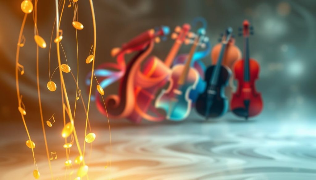 A serene and ethereal scene capturing the essence of music's emotional nuances. In the foreground, a close-up of elegant musical notes gently cascading down like a waterfall, shimmering in soft golden light. In the middle ground, an abstract representation of different musical instruments, such as a lute, guitar, and violin, each resonating with vibrant colors that shift to depict various emotions: calming blues evoke tranquility, while warm reds suggest passion. The background fades into a dreamlike landscape of swirling patterns and soft, diffused lighting, creating an atmosphere that feels both reflective and inspiring. The overall mood is intimate and evocative, inviting viewers to explore the deep connections between music, emotion, and intention. A serene and ethereal scene capturing the essence of music's emotional nuances. In the foreground, a close-up of elegant musical notes gently cascading down like a waterfall, shimmering in soft golden light. In the middle ground, an abstract representation of different musical instruments, such as a lute, guitar, and violin, each resonating with vibrant colors that shift to depict various emotions: calming blues evoke tranquility, while warm reds suggest passion. The background fades into a dreamlike landscape of swirling patterns and soft, diffused lighting, creating an atmosphere that feels both reflective and inspiring. The overall mood is intimate and evocative, inviting viewers to explore the deep connections between music, emotion, and intention.